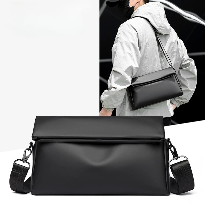 Smooth Waterproof Messenger Bag for Men Fold Over Flap Crossbody Bag Detachable Wide Strap Daily Travel Commute Shoulder Handbag