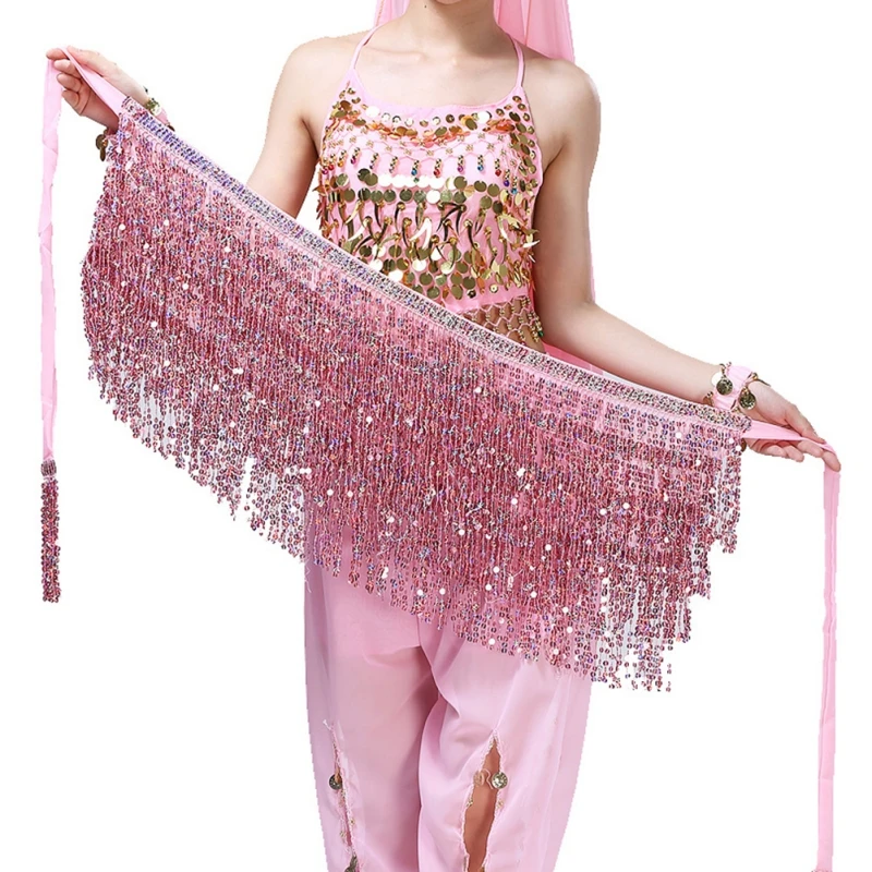 Sexy Women Belly Dance Hip Skirt Scarf Wrap Belt Glitter Sequins Tassel Hip Scarf Skirt Halloween Dance Performance Costumes