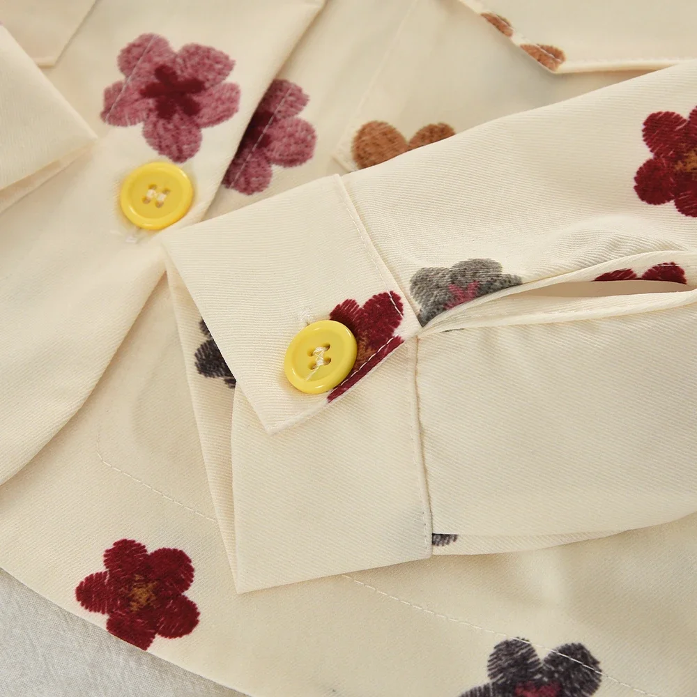Herbst Mädchen Blumenprint Hemd-Jacke + Hose Kinder Bunte Knöpfe Revers-Mantel Lässiges Outfit Kleinkind Frühling Kleidungsset – Detail 6