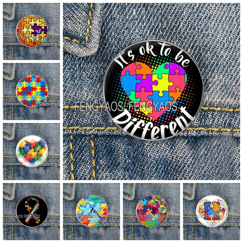 Stainless Steel Autism Awareness Badge Autistic Symbol Brooch Fashion Backpack Decoration Pins Round Jewelry Women Gift
