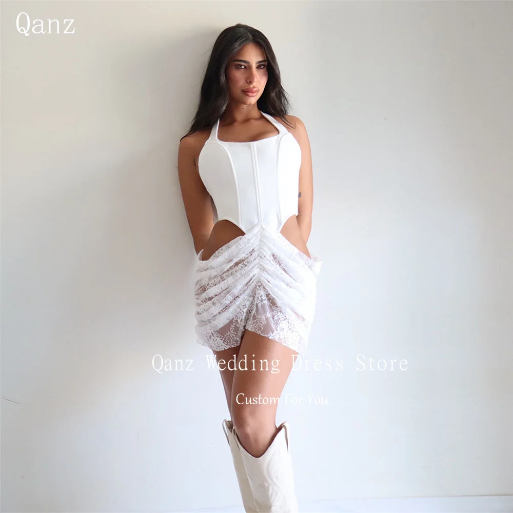 

Qanz Short White Bridal Gowns Sexy Haler Neck Sleeveless Mini Wedding Party Dresses Lace Appliques Robe De Mariée Customized