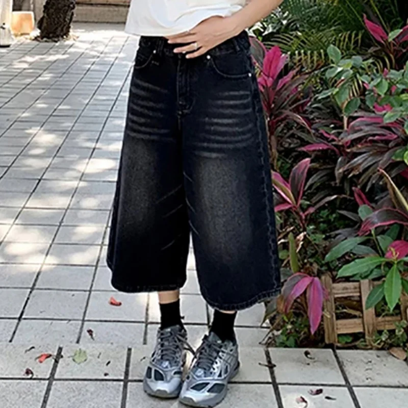 

High Waist Black Retro Washed Denim Shorts Women's Harajuku Vintage Fashion Casual Loose Y2K Streetwear Mid Long Wide Leg Pants