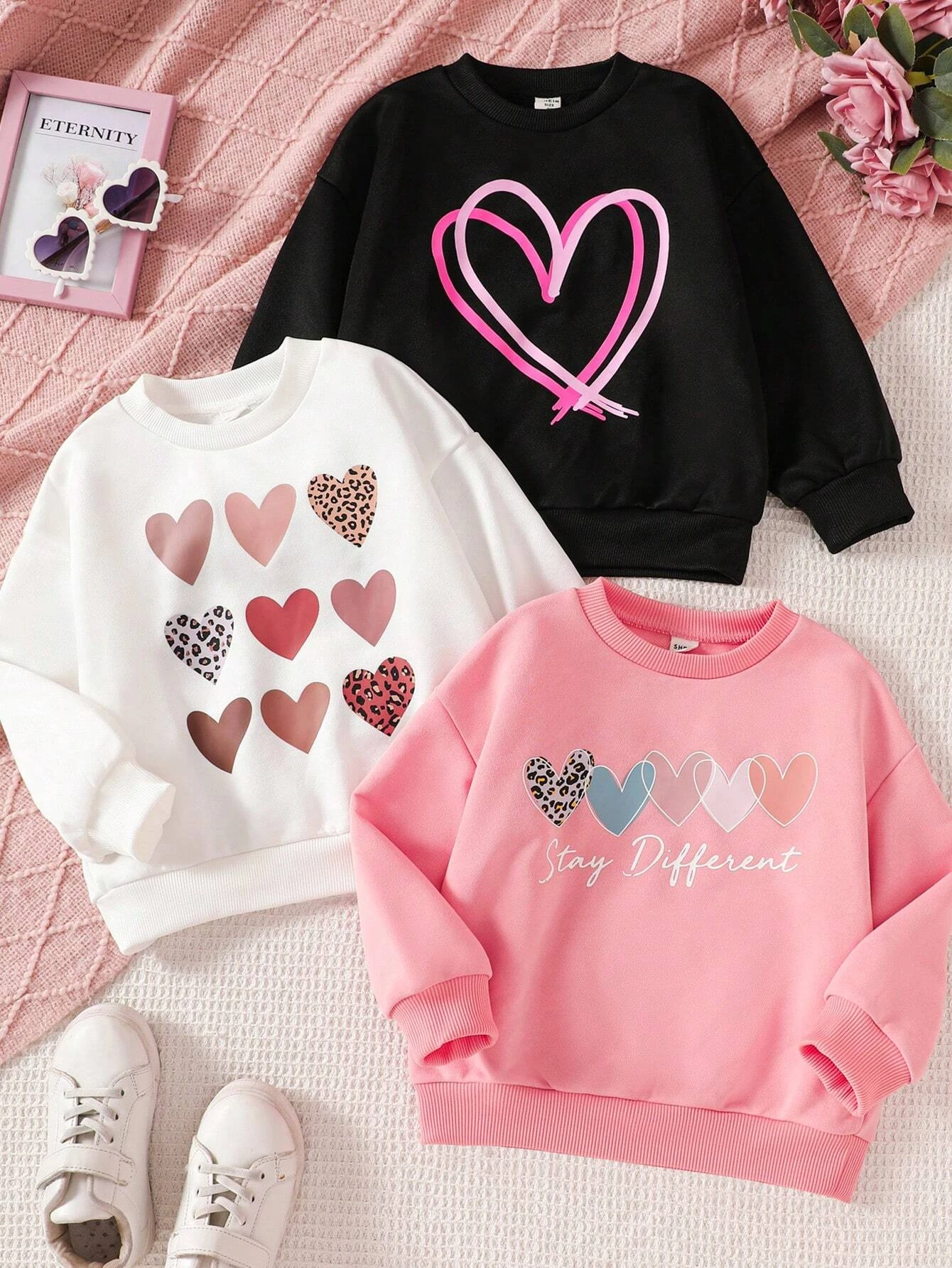 

3pcs Set Young Girl Knit Round Neck Loose Heart Pattern Sweatshirts With Cute Autumn Winter