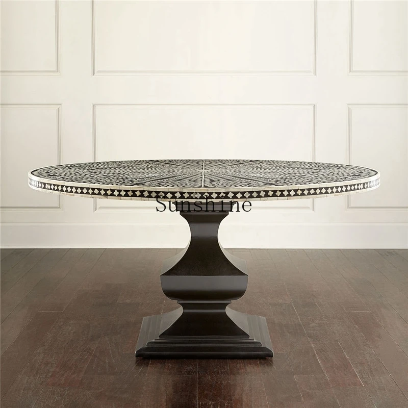 

American art dining table villa home hand-painted round dining table solid wood retro round