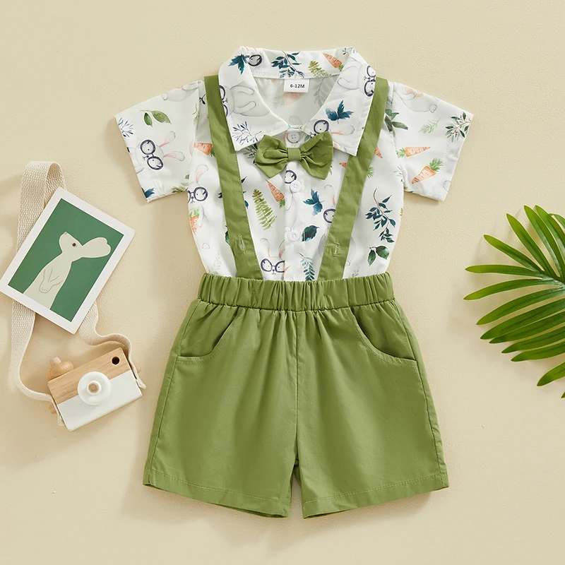 0-24months Baby Boy Gentleman Outfit Lapel Neck Short Sleeve Rabbit Print Romper + Suspender Shorts Infant Boys Easter Set