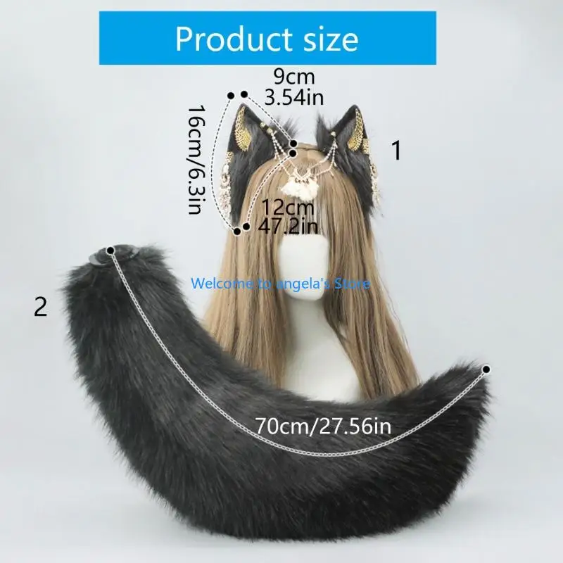 X4YC Fasce per capelli con orecchie lupo in peluche fatte a mano Coda in pelliccia sintetica per costumi Halloween Cosplay
