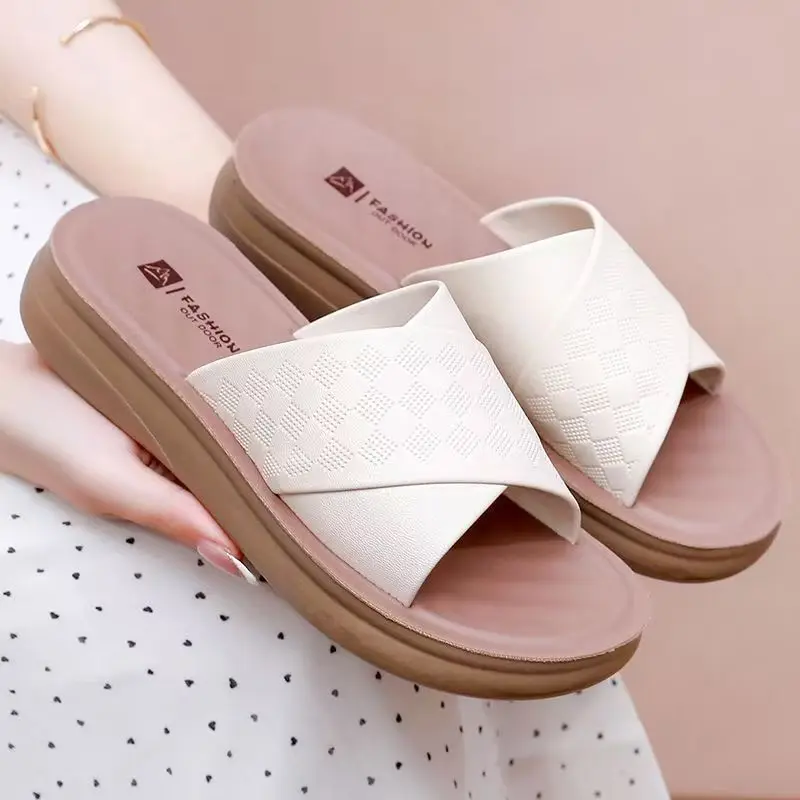 Women Summer New Real Leather Wedges One Word Slippers Soft sole Non Slip Lightweight Outdoor Slippers Elderly Slippers Sandals