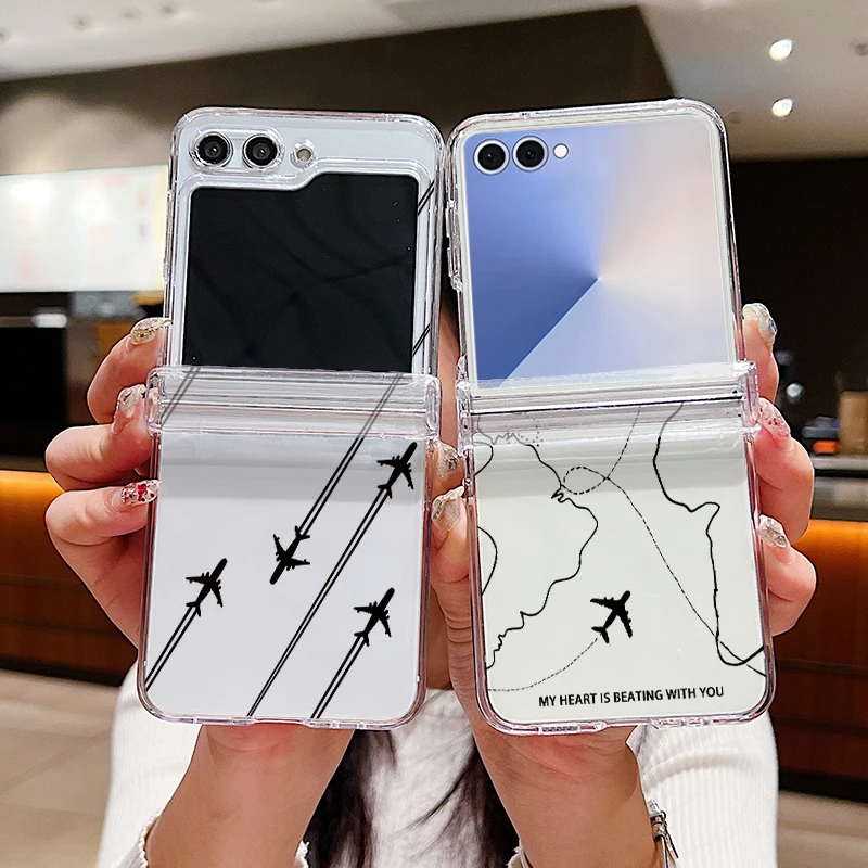 Airplane Line Printed Phone Case For Samsung Galaxy Z Flip7 Flip6 Flip5 Flip4 Flip 7 FE 6 5 4 3 5G Clear PC Folding Back Cover