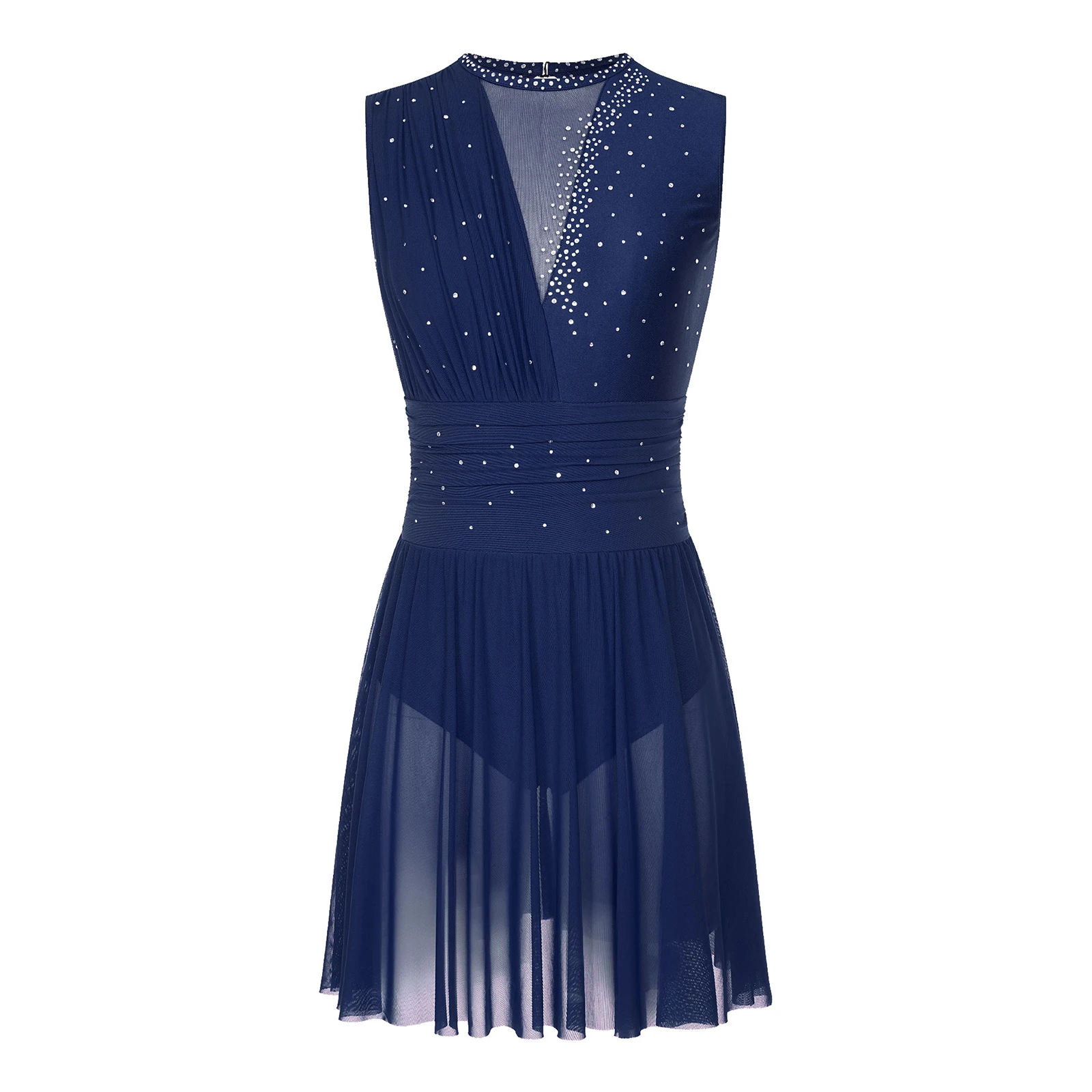 Women Figure Skating Performance Costume Glittery Rhinestones Leotard Cutout Back Sleeveless Ruched Dress for Dance Competition