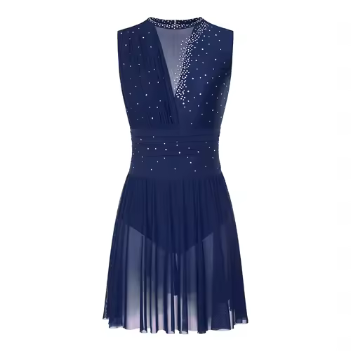 Women Ruched Ballet Lyrical Dancing Dress Round Collar Sleeveless Rhinestone Backless Dress for Stage Performance Competition - Image 9