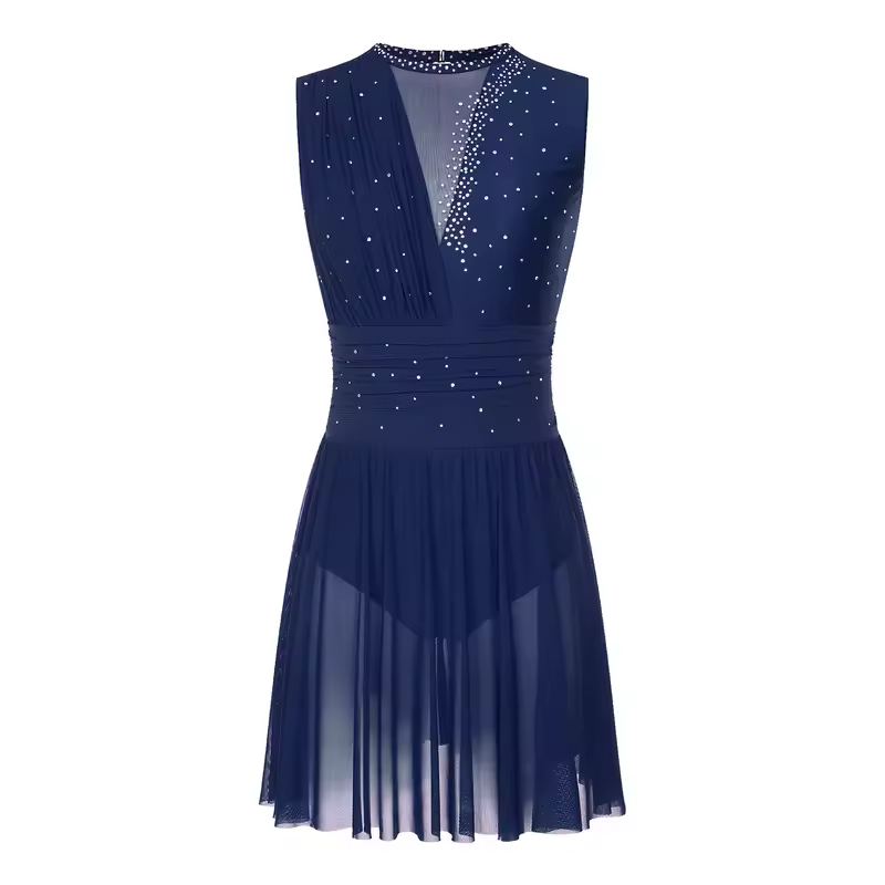 Women Ruched Ballet Lyrical Dancing Dress Round Collar Sleeveless Rhinestone Backless Dress for Stage Performance Competition - Image 9