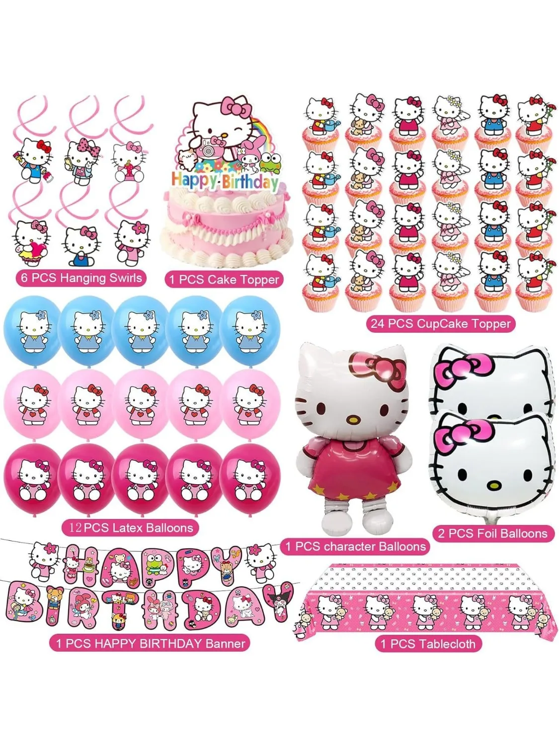 Anime-Cartoon-Figuren rund um Hello Kitty, Mottoparty, Banner, Dekorationsset, Einladungskarte für Kindergeburtstagsparty