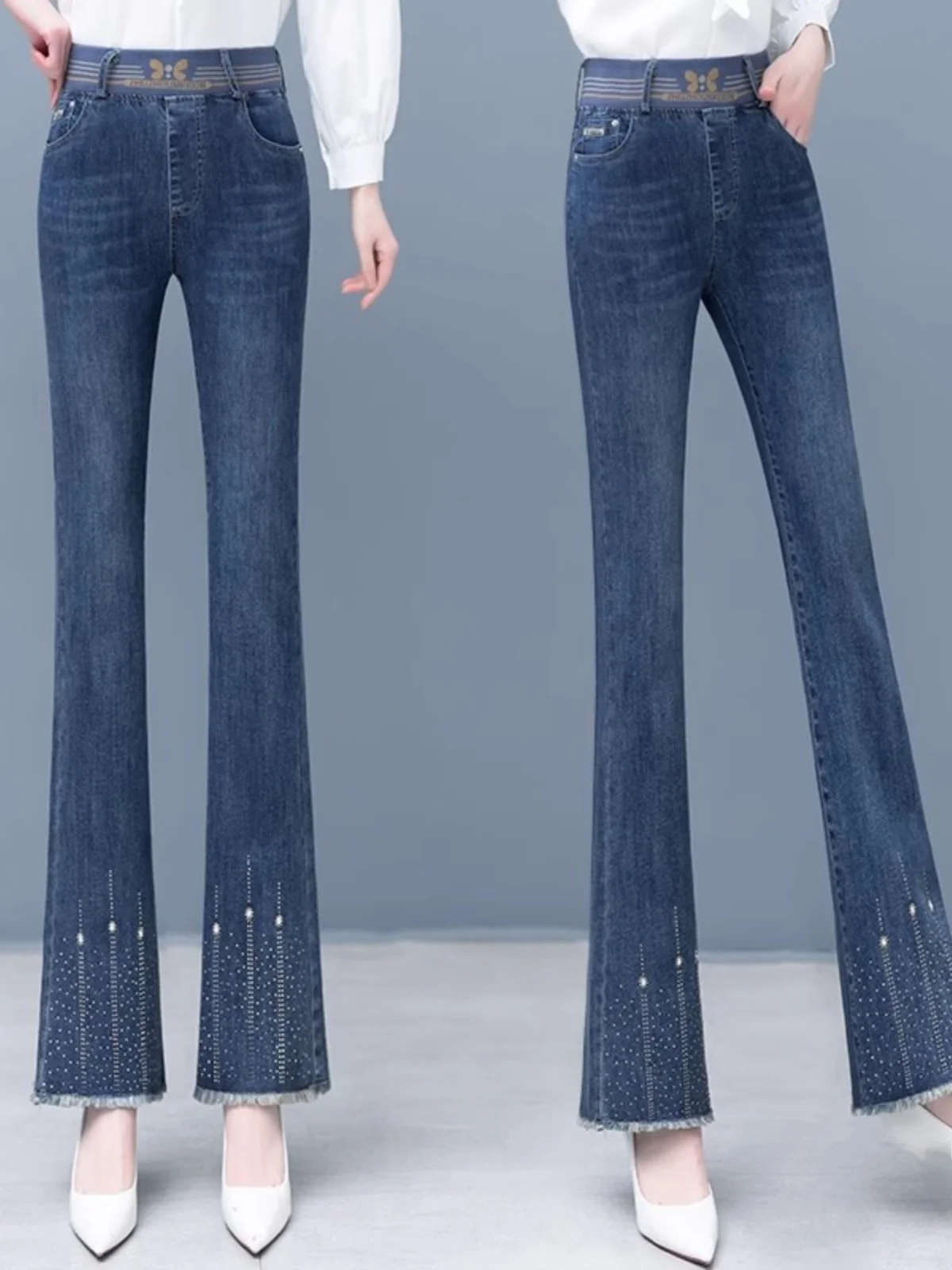 

Женские джинсы с высокой талией, расклешенные, с эффектом утяжки, зимние длинные брюки из денима глубоких и светлых оттенков