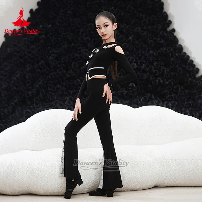 ملابس تدريب لاتينية للأطفال البنات ملابس سامبا تشاتشا بأكمام طويلة + بنطلون أو تنورة بدلة ممارسة متطابقة حيوية الراقصة