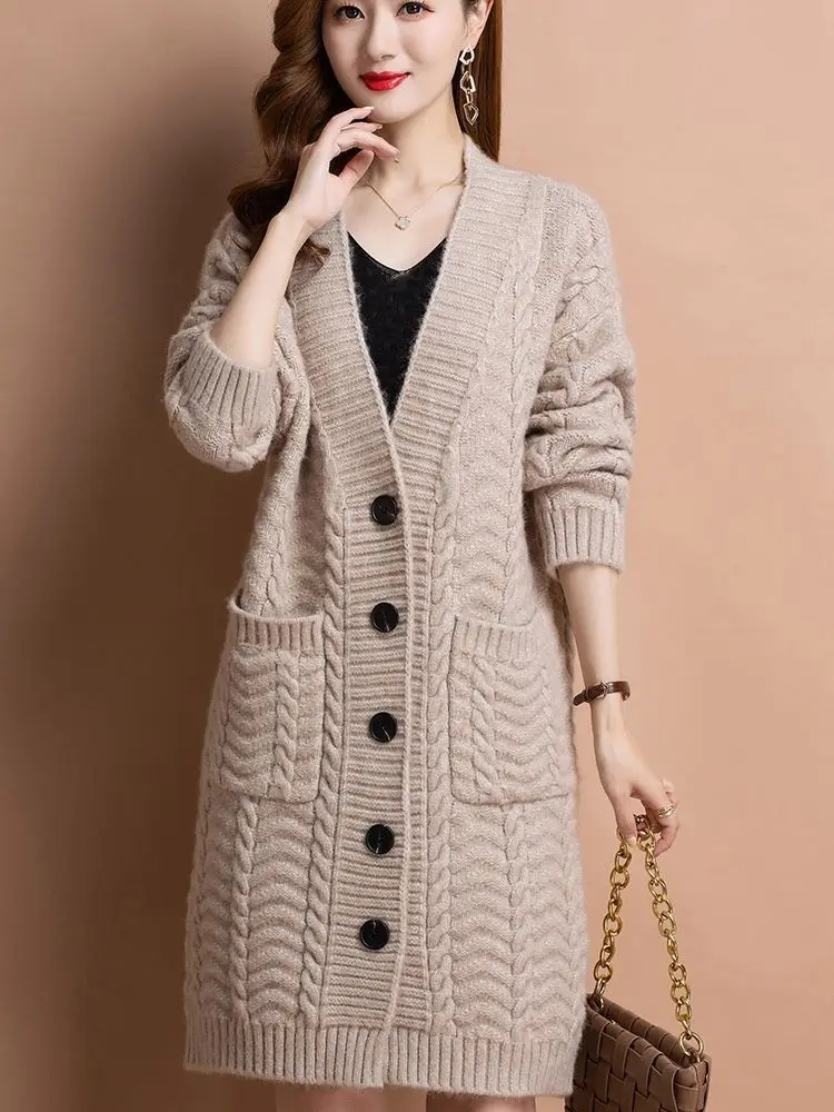 Women Clothing Autumn and Winter Knitting Cardigan Women\'s Medium Long Lazy Literary Loose Sweater Coat