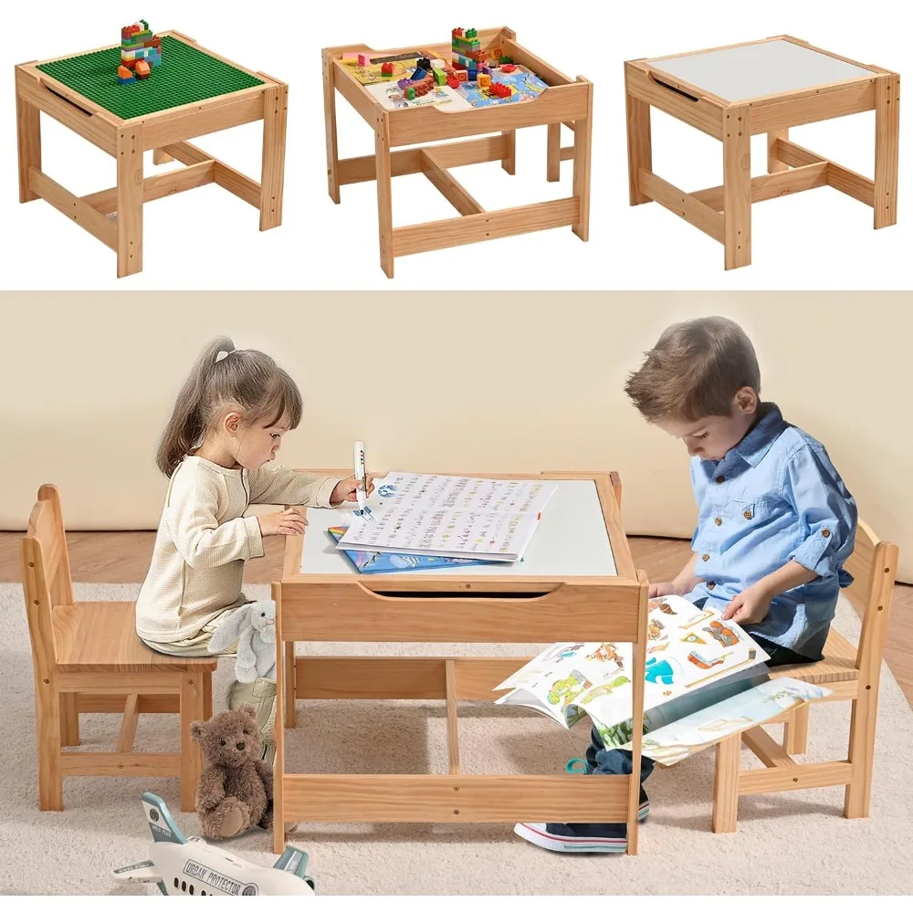 

Wood 3 in 1 Kids Table and Chairs Set with Storage New Enamel Whiteboard and Built in Plate Detachable