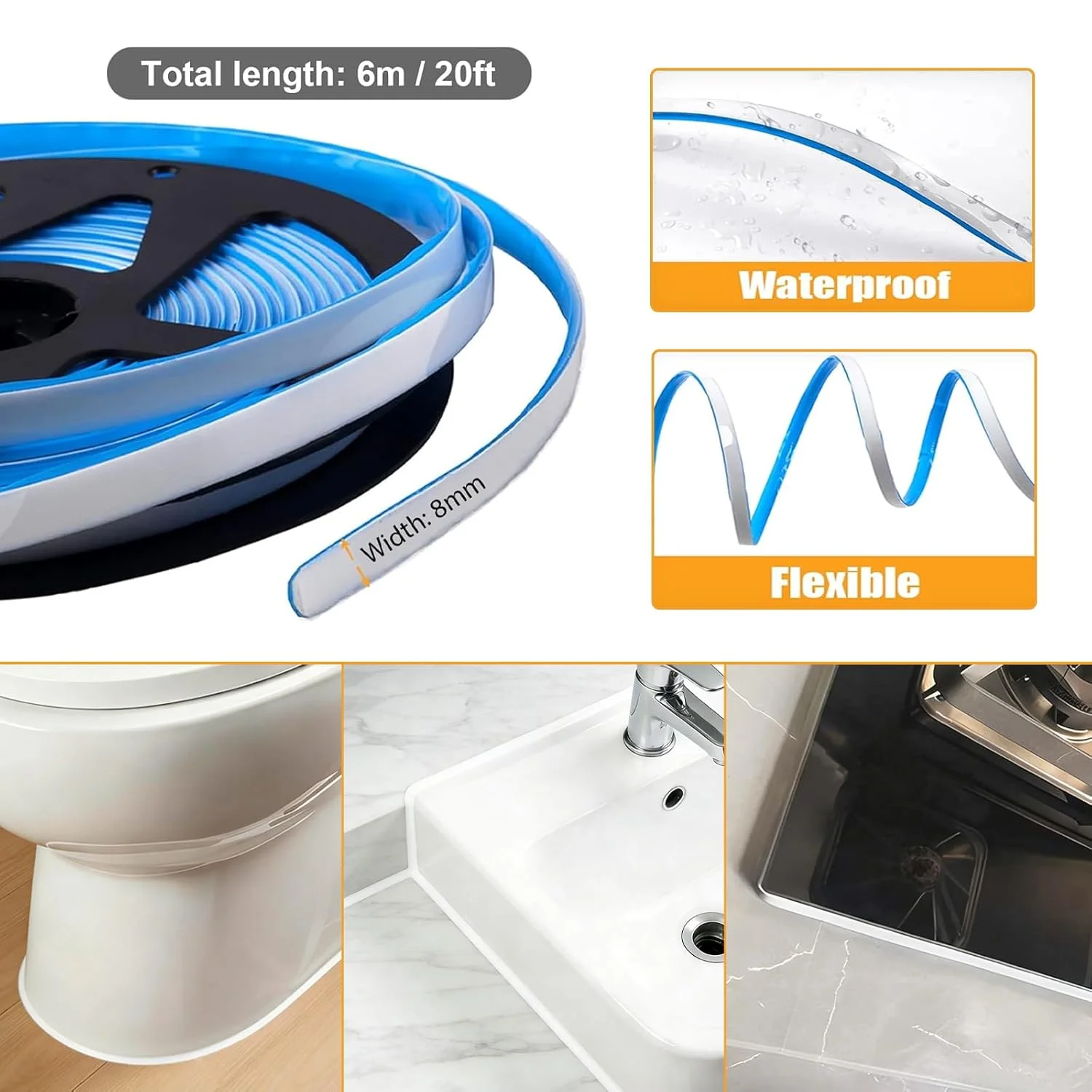 1PC 6m/236.22inch Kitchen Cooktop Gap Self Adhesive Tape Waterproof Sealing Strip Caulk Strip Sink Proof for Basin Edge Toilet B