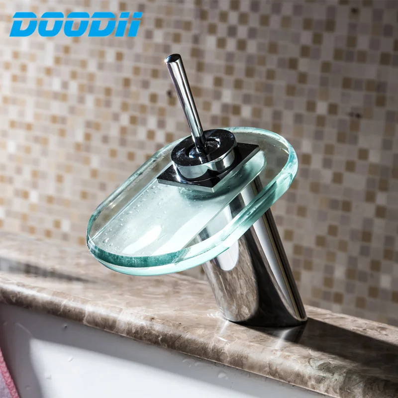 Doodii  Waterfall Glass Faucet Waterfall Stainless Steel Basin Faucet Deck Mounted Basin Sink Faucet Bathroom Hot Cold Mixer