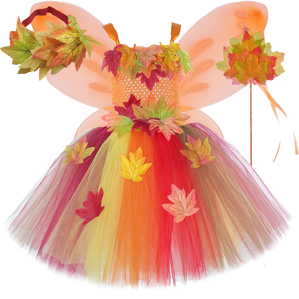 Fall Maple Leaves Fairy Costumes Girls Woodland Fairy Princess Dresses with Butterfly Wings Kids Halloween Thanksgiving Outfit