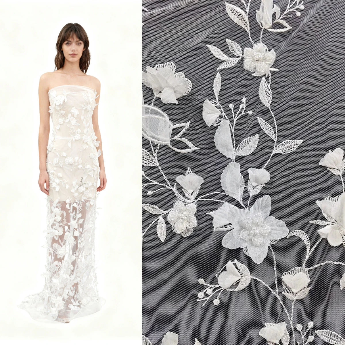 Tessuto di pizzo tulle bianco - Paillettes con perline per abiti da sposa e progetti fai-da-te