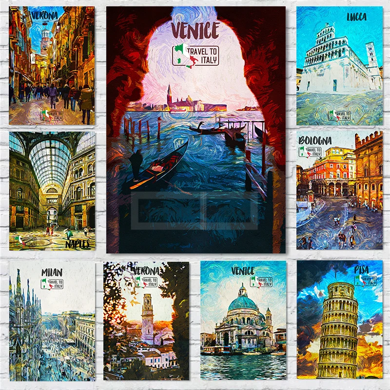 Europe Italy Van Gogh Style Oil Painting Art Travel Poster Venice Milan Verona Lucca Pisa Prints Canvas Pictures Home Room Decor