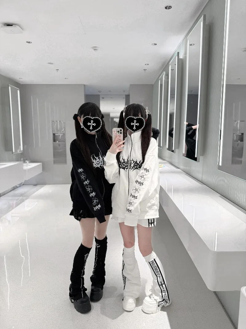 Original Sub-culture Goth Mass Production Punk Black White Sweatshirt Jacket Spring Autumn New Semi-turtleneck Zipper Coat