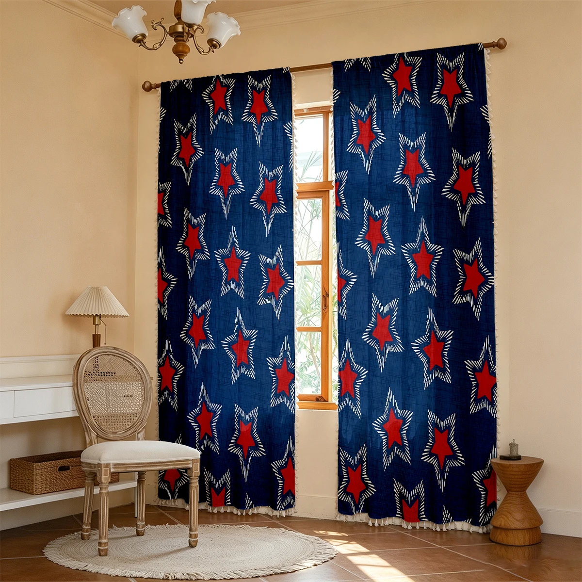 1PC Geometric Tassel Sheer Curtains, Navy Blue Red Exploding Stars, Digital Print, Linen Polyester, Living Room Bedroom Decor