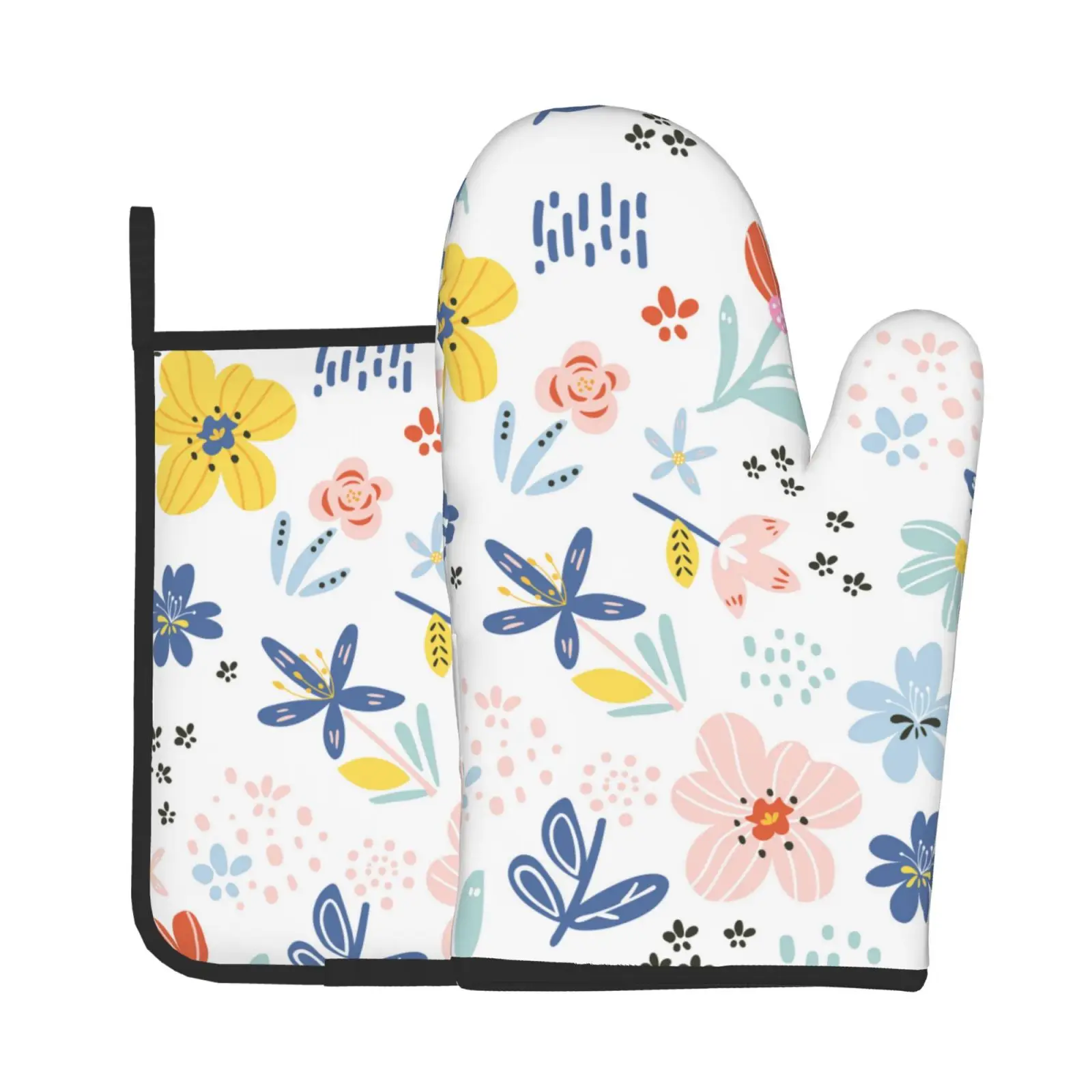 Broken Flowers Oven Mitts and Pot Holders Sets, Heat Resistant 2 Pcs for Safe BBQ Cooking Baking Grilling