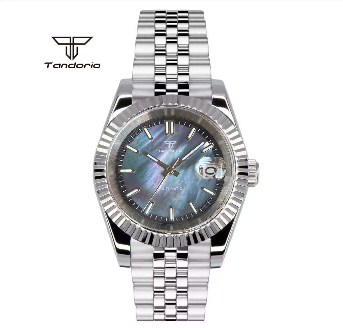 Tandorio 39mm Mechanical NH35 Mother of Pearl Dial Face Stainless Steel Automatic Watch Date Sapphire Men\'s Wristwatch Luminous