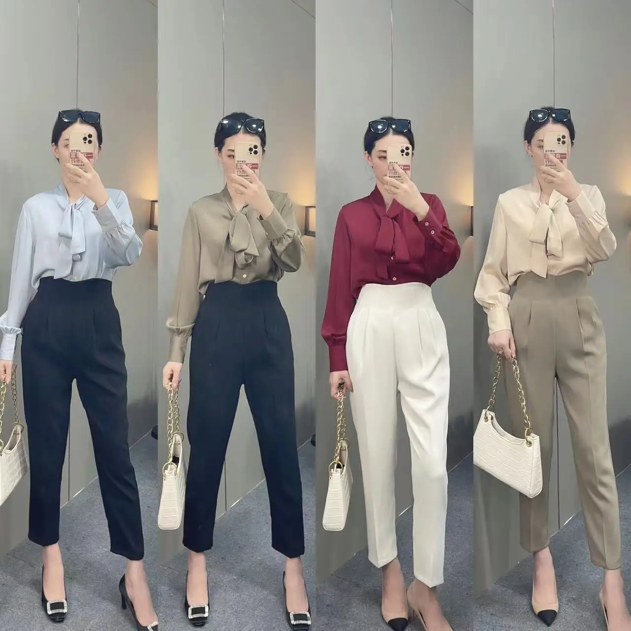 بلوزة من الساتان والحرير الجليدي للنساء بأكمام طويلة، شريط أنيق أنيق وعصري ومناسب للتنقل في الخريف