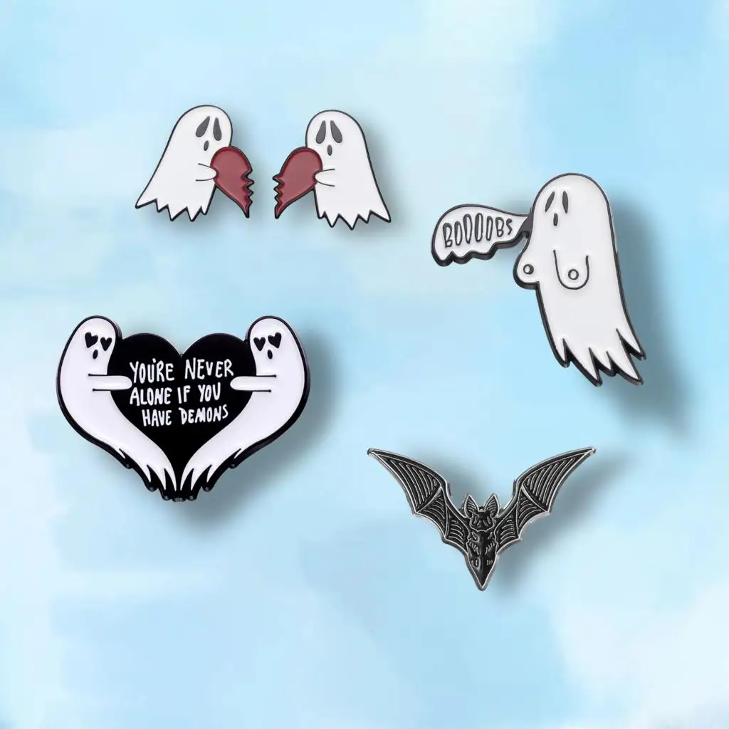 Ghost Heart Enamel Pins you Are Never Alone Set Custom Brooches Lapel Badges Cartoon Gothic Jewelry Gift for Kids Friends