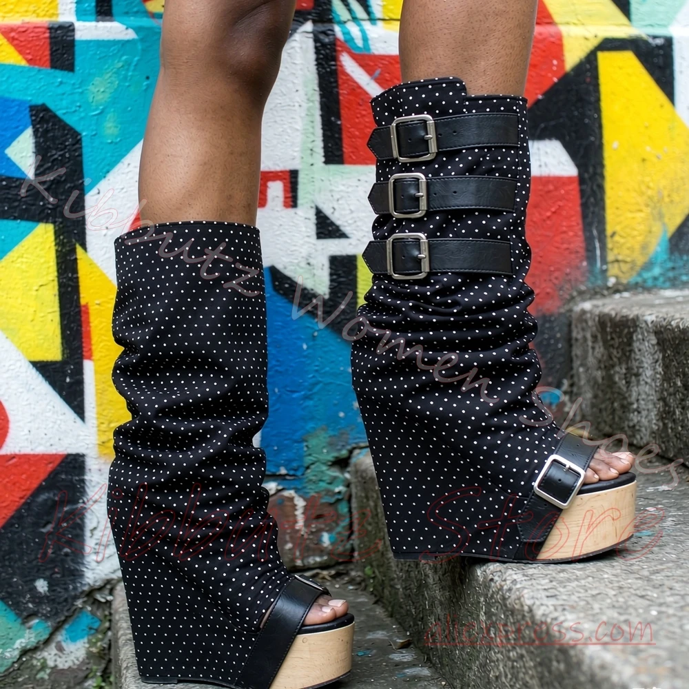 Slouch Polka Dot Platform Sandal Boots Knee High Women Wedge Open Toe Multi Buckle Retro Streetwear Alternative Fashion Elegant