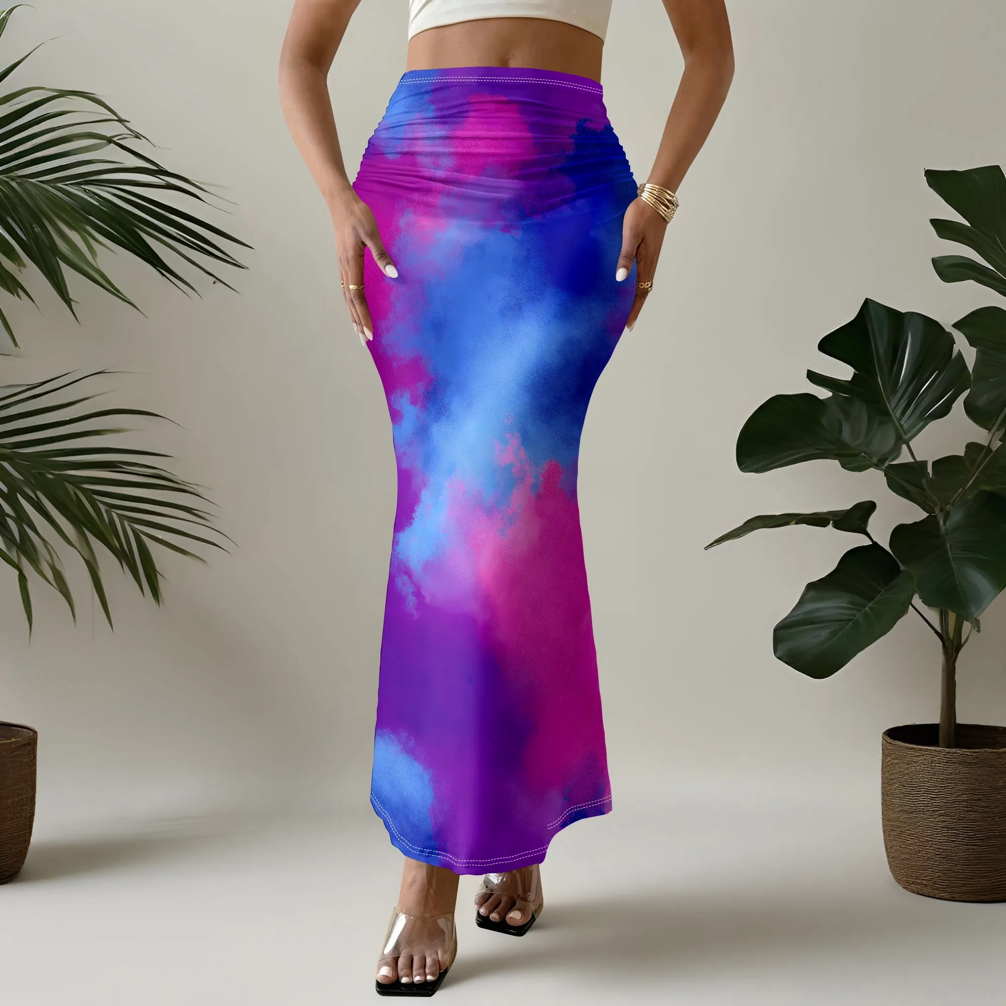 Mermaid Skirt, Tie Dye Maxi Skirt, Pink Blue Print, High Waisted, Stretchy Fit, Summer Beach Wear, S-3XL