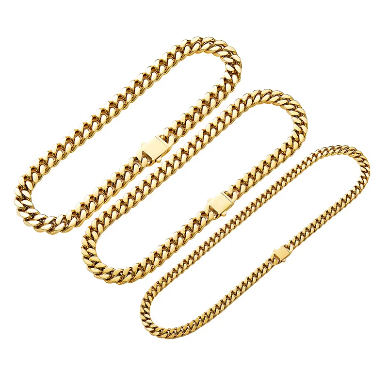 5mm-13mm wide Stainless Steel Close Round Cuban Miami Chains Necklaces Big Heavy Bling Gold Chain for Men Hip Hop Rapper Jewelry