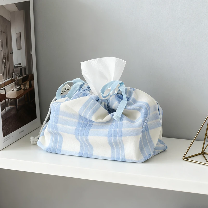 1Pc Blue Plaid Tissue Box Holder, Made of Canvas, with a Drawstring Design, Suitable for Home, Kitchen, Bedroom, Hotel, Stylish and Multifunctional Tissue Storage Bag, Perfect as a Home Storage Gift, Decorative Gift, Suitable for All Seasons, Unisex, a Must-Have for Fashionistas