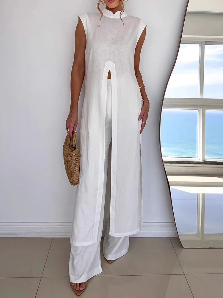

Elegant Hight Street Solid Outfit Fashion O-neck Split Long Pullover & Long Pant Set Women Casual Sleeveless Loose 2 Piece Suit