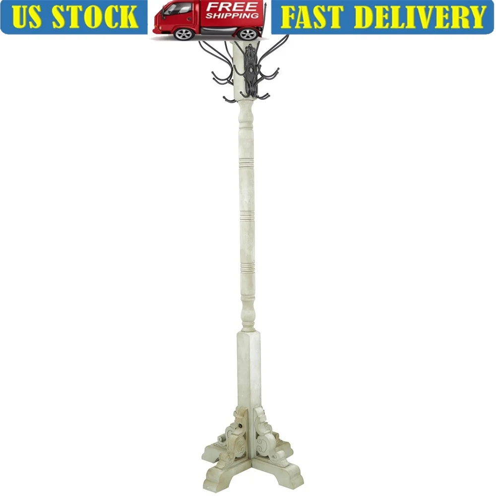 

Vintage Style 12 Hook Freestanding Coat Rack Gray Wood with Black Metal Hooks Rustic Farmhouse Entryway Storage 74 Inches