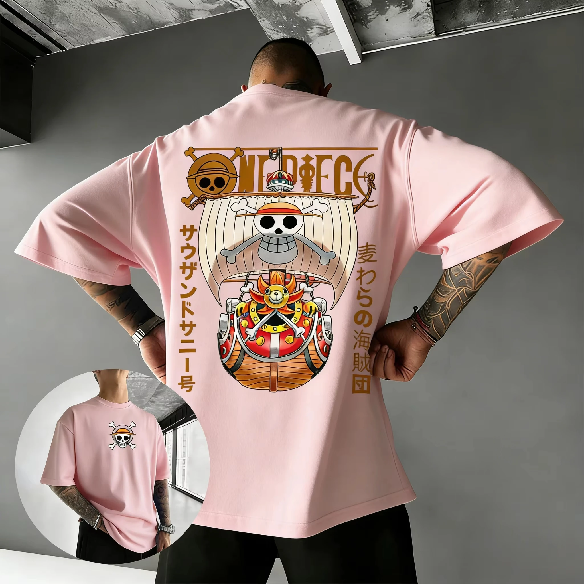 ONE PIECE Anime Thousand Sunny Printed Cotton T-shirt 2026 Men's Summer New American Hip Hop Loose Casual Y2K Parent Child Top