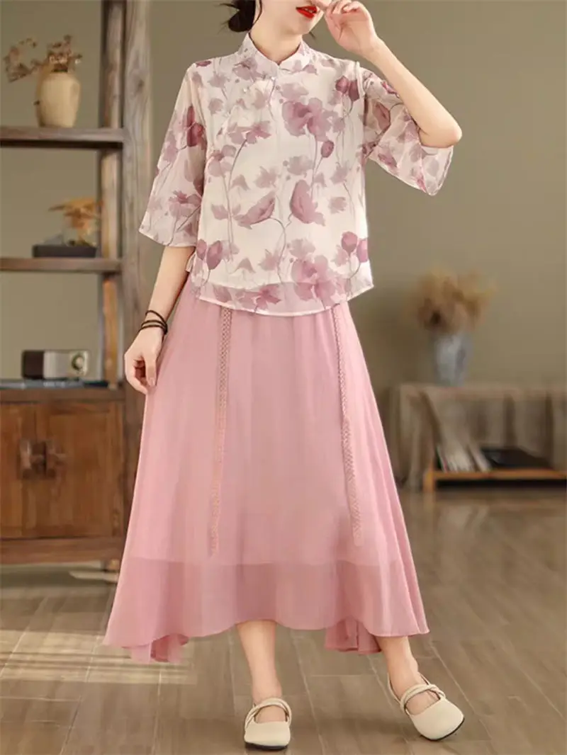 

Artistic Cotton And Linen Floral Shirt + Solid Color Skirt Set Spring Summer 2024 New Fashion Versatile Two Piece Outfit K235