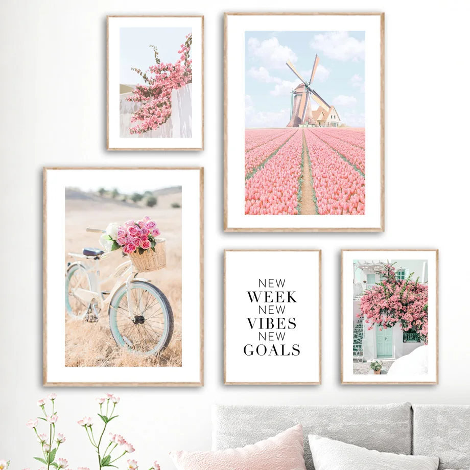 Nordic Tulip Field Flower Bike Santorini Wall Pink Nature Art Posters Prints Pictures For Living Room Canvas Painting Home Decor