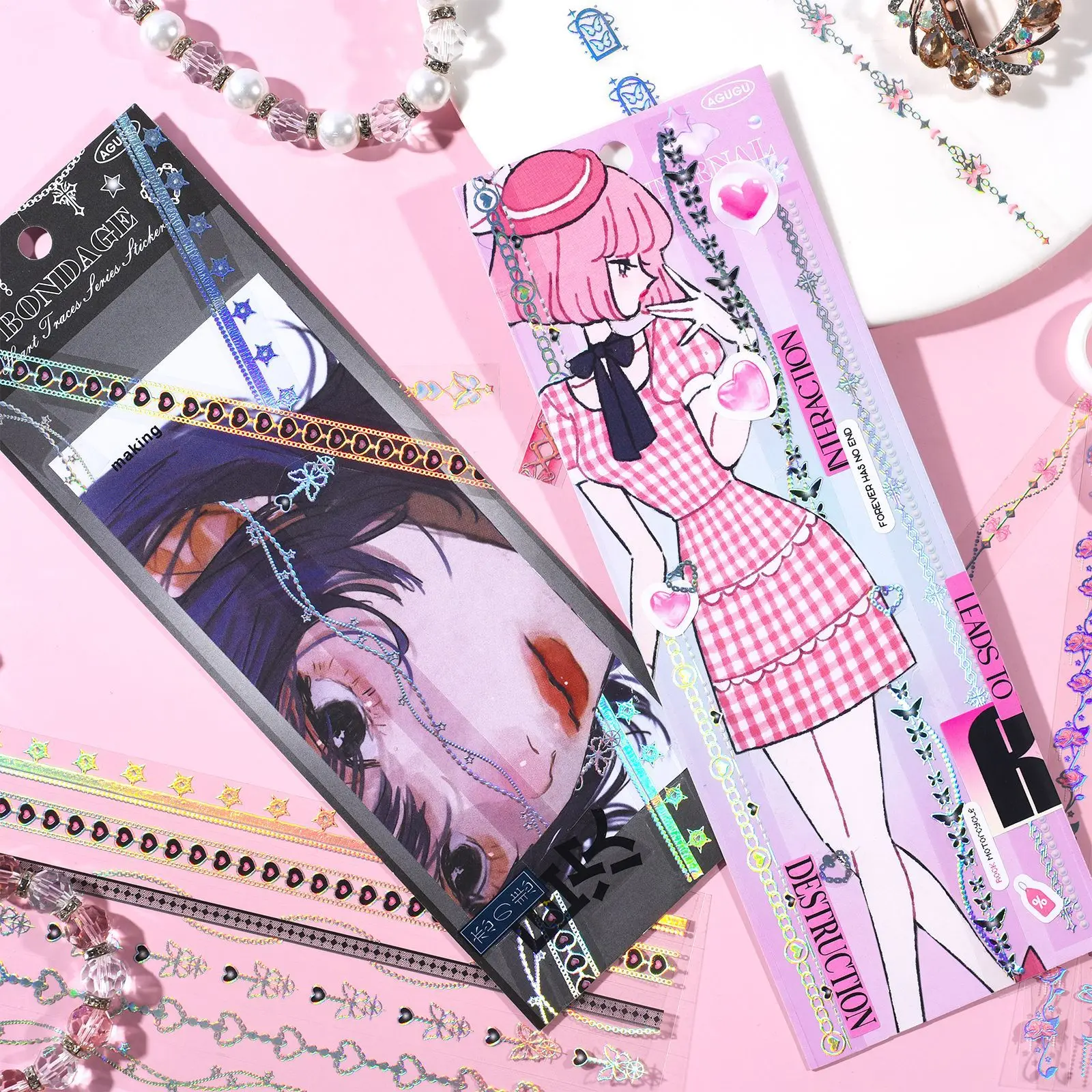 MINKYS 2pcs/lot Kawaii Laser Rose Lock Chain Toplader Decorative Sticker Set Scrapbook Sticker Photocards Stationery