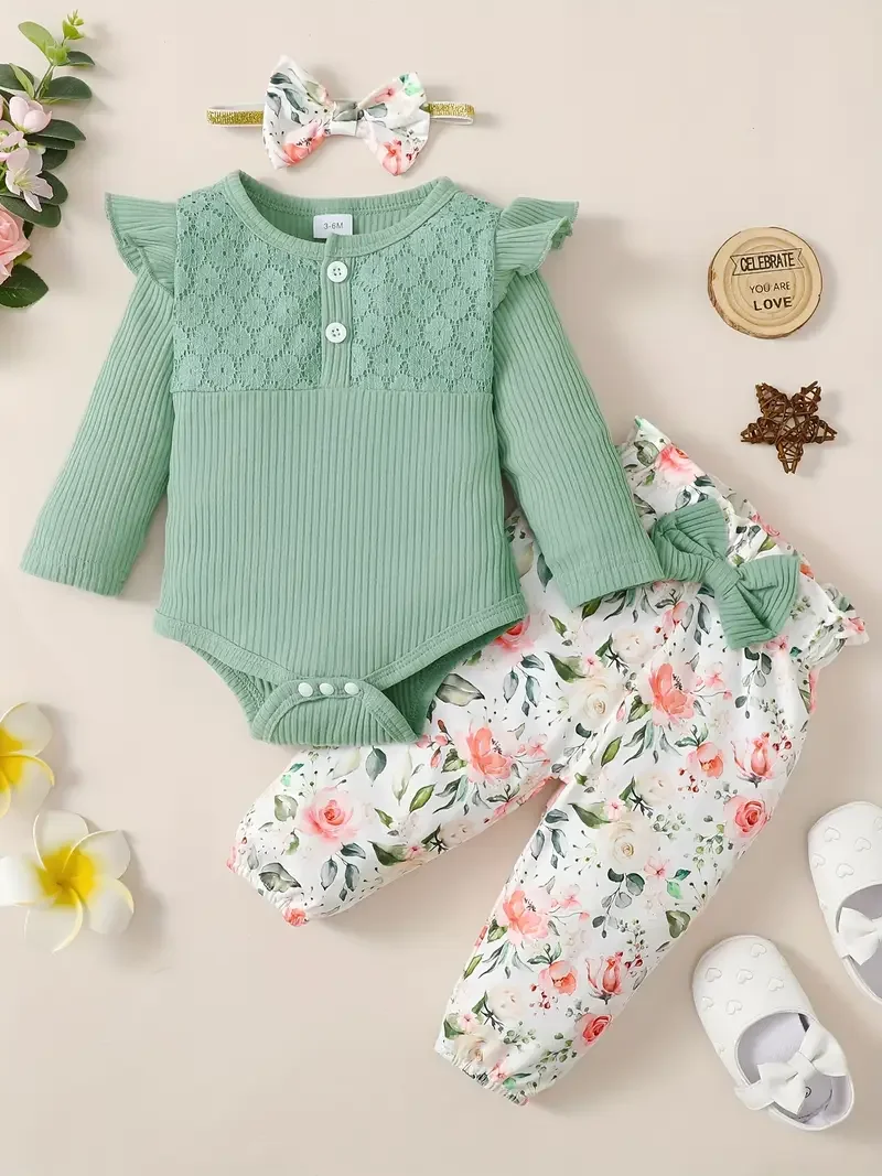 Winter  0-1 Years  Old  Infant  Baby  Girls  Pit  Stripe Top   And  Flower Printed  Pants  With  Headband
