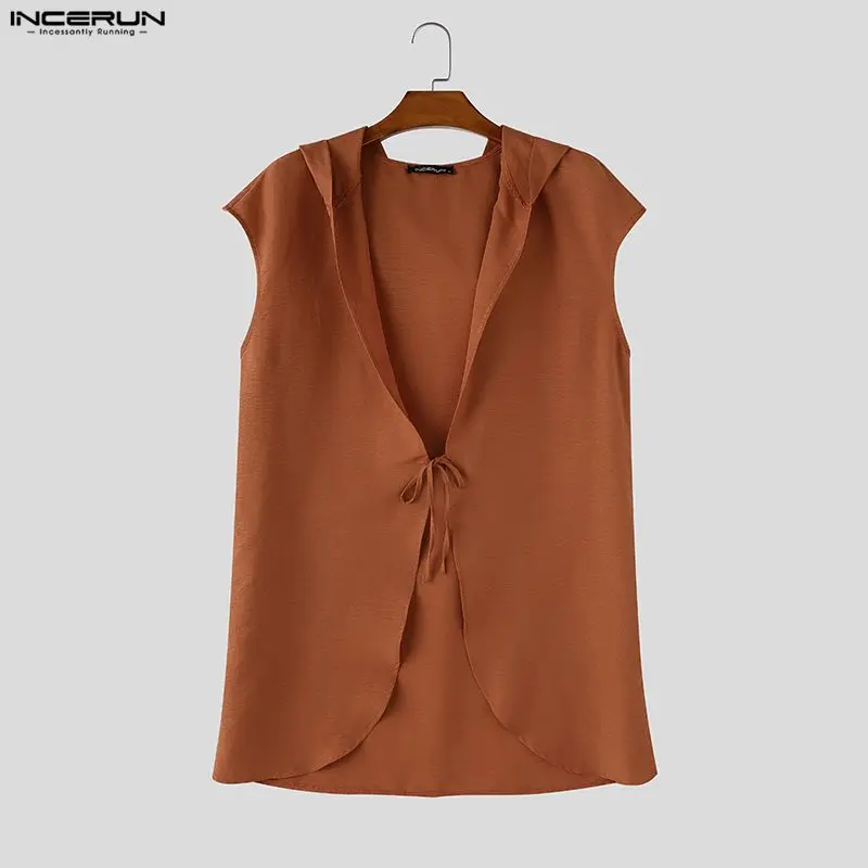 2026 Men's Shirts Solid Color V Neck Sleeveless Loose Men Clothes Cardigan Streetwear Vintage Casual Tops For Man Camisa INCERUN