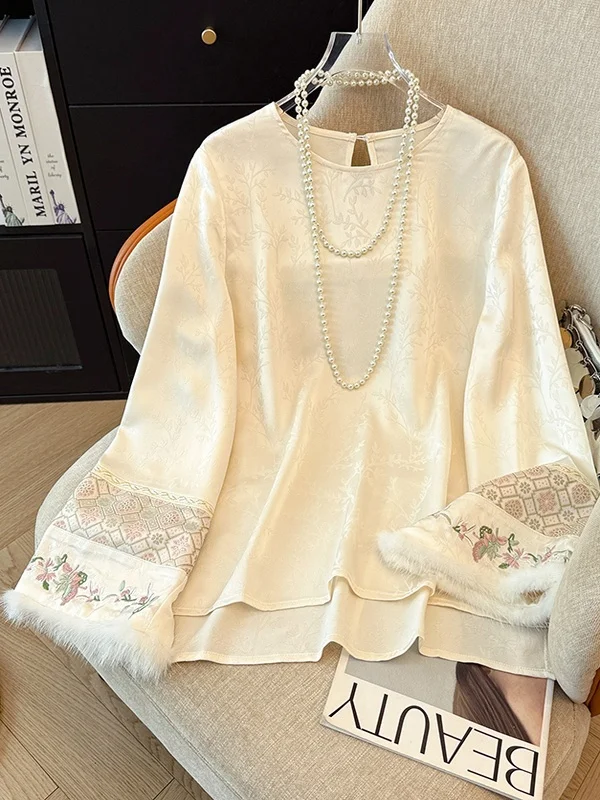 

Новая китайская блузка из шелка с эффектом сатина, вышивкой и отделкой из меха норки, свободного кроя, модная, повседневная, женская