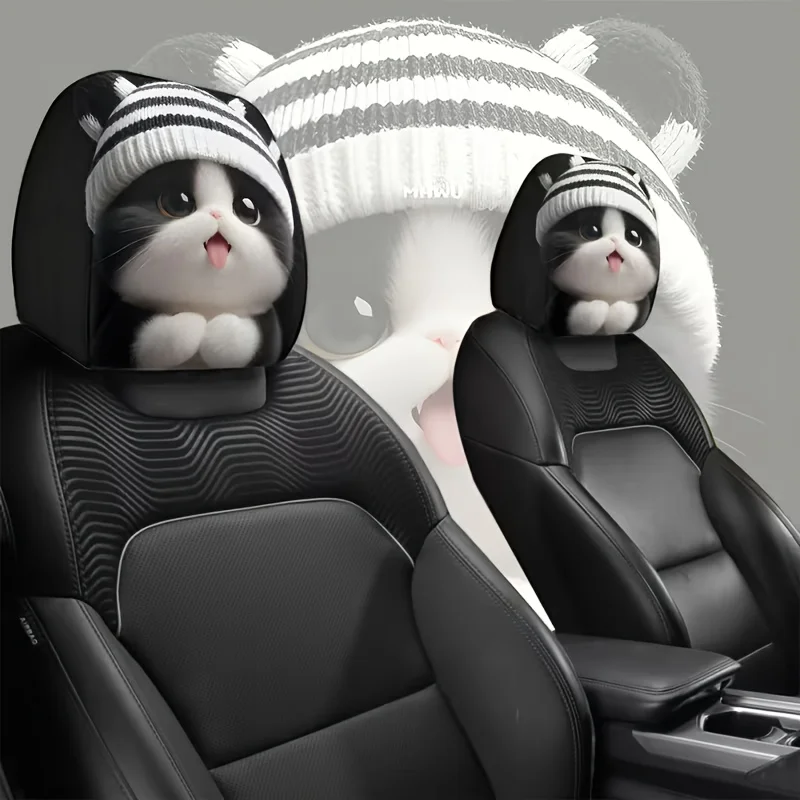 2pcs Cute Striped Knitted Car Headrest Covers Polyester Universally Applicable Long-Distance Travel and Driving Car Accessories