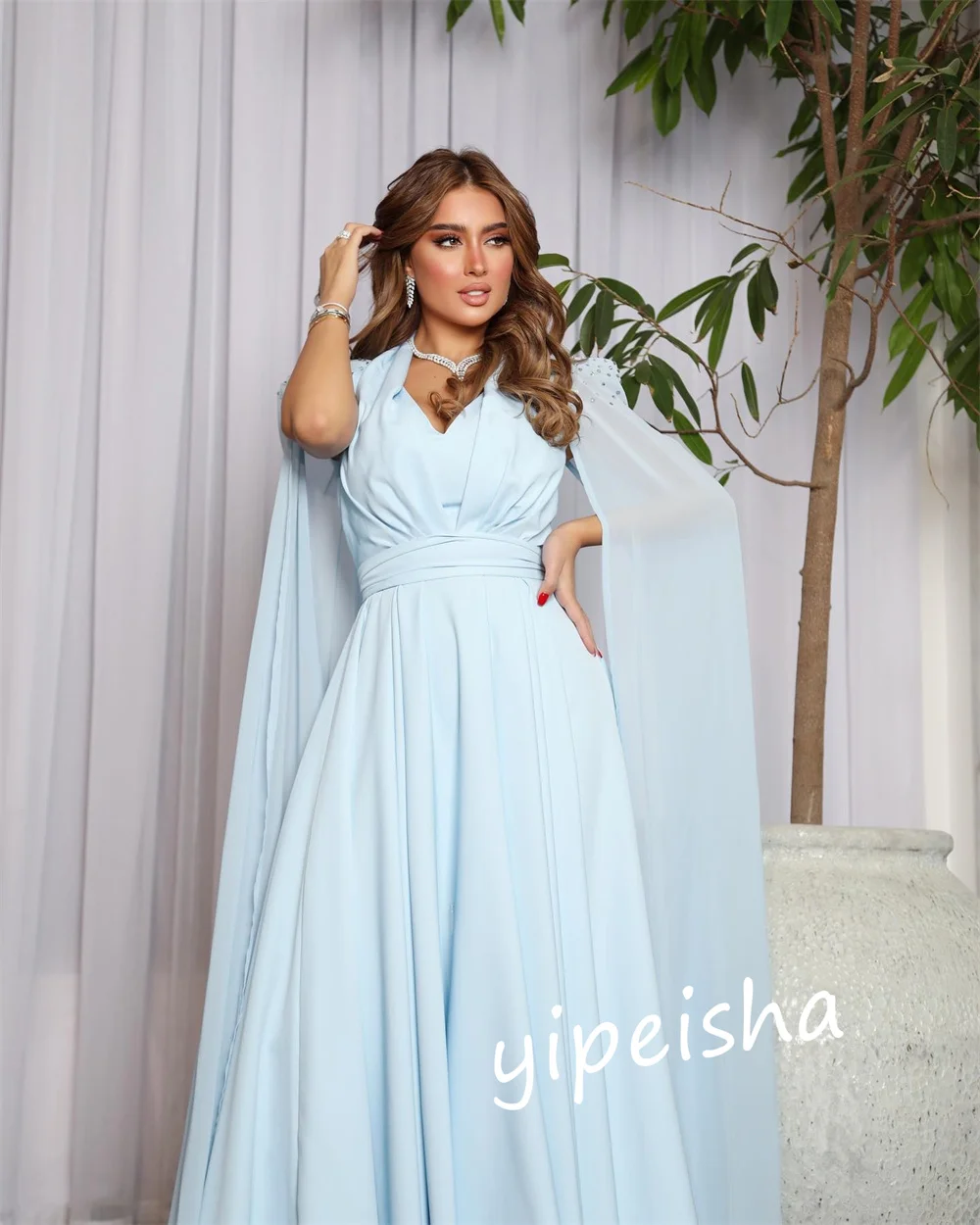 Jiayigong     Charmeuse Pleat Party A-line V-neck Bespoke Occasion Gown Midi es Saudi Arabia