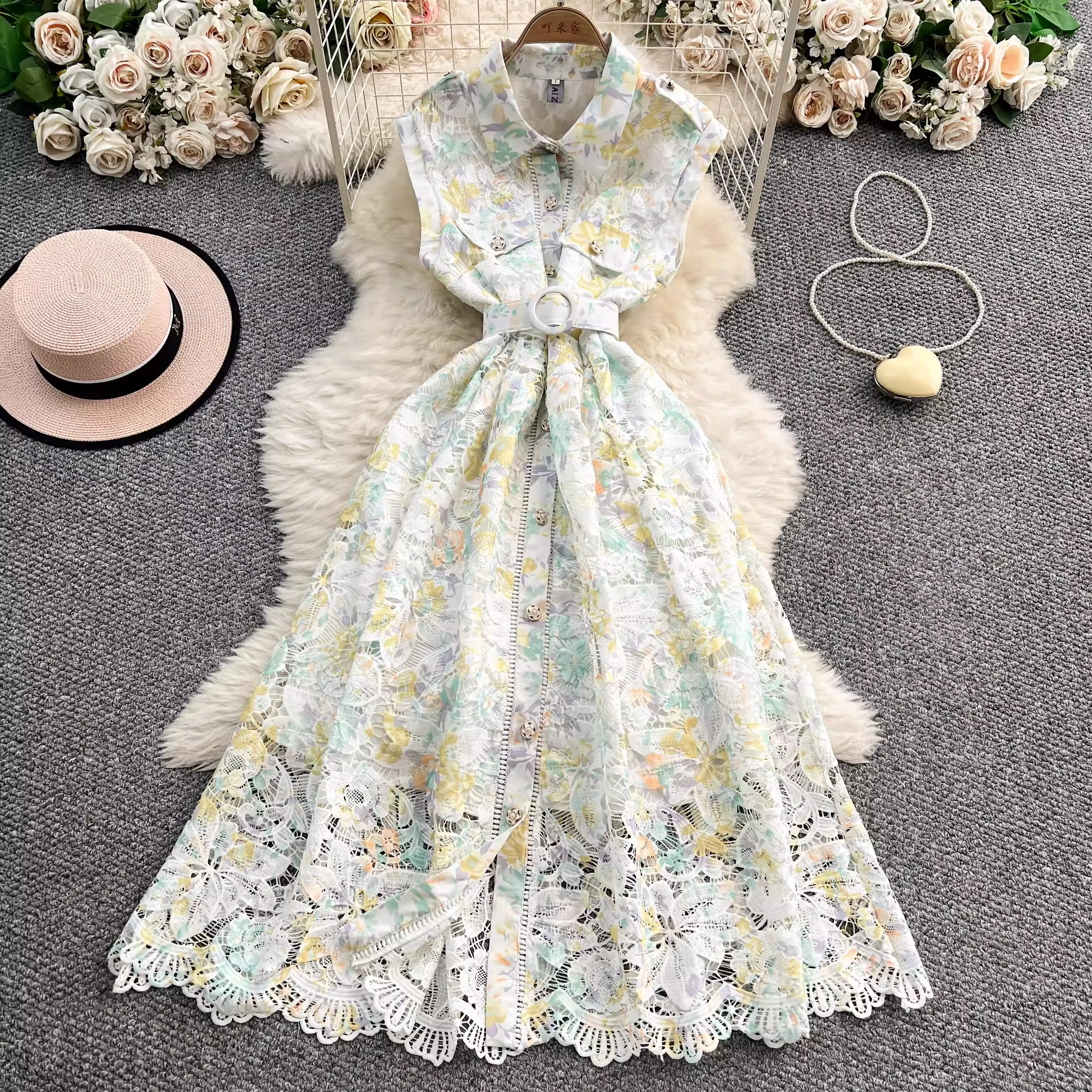 

Summer Floral Print Midi Dress for Women Turn down Neck Sleeveless Embroidery Lace Hollow out Chic A-Line Beachwear Female Dress