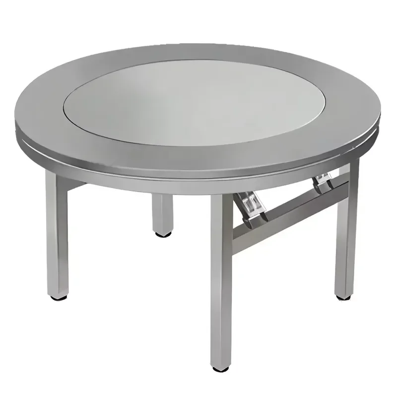 Foldable Stainless Steel Round Dining Table with Built-in Rotating Turntable Tray for Family Restaurant Hotel Wedding Banquet