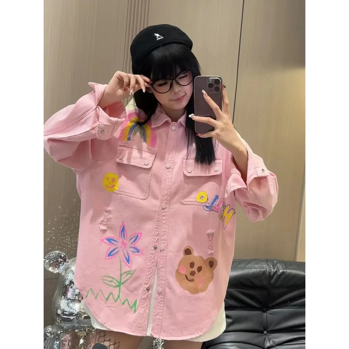 Harajuku Spring Women Loose High Street Graffiti Print Shirts Long Sleeve Shirts Cool Shirts Woman Pink Cartoon Blousa NZ350