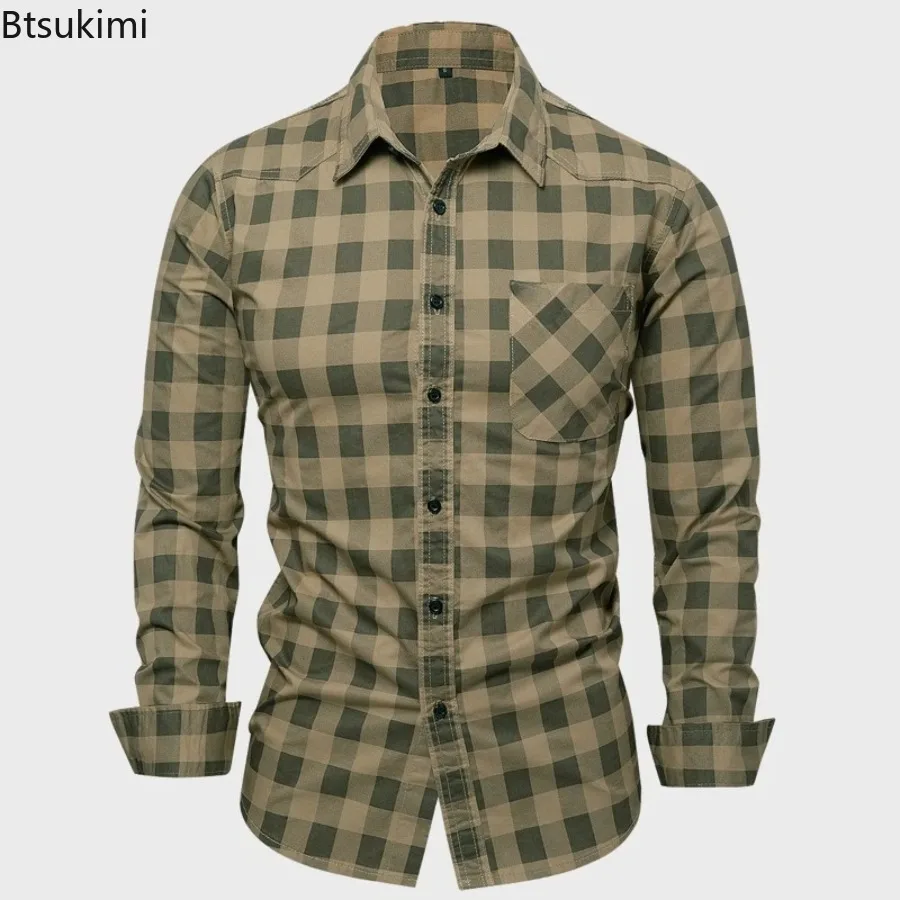New Men's Plaid Workwear Long Sleeve Shirt  Autumn Fashion Casual Lapel Check Blouse with Functional Pockets Daily Wear Shirts